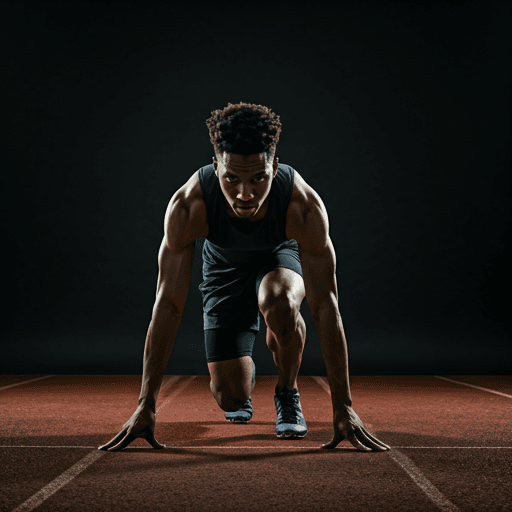 Athlete preparing for a sprint on a dark track